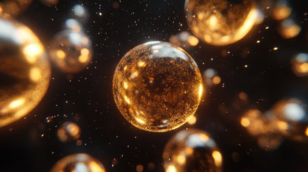 Discover a stunning visual of floating golden orbs surrounded by shimmering light. This artistic 3D representation captures a vibrant and enchanting cosmic atmosphere.の素材