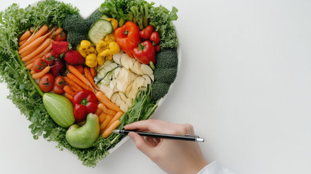 A vibrant heart-shaped dish showcasing an array of fresh vegetables, perfect for promoting health, creativity, and culinary artistry in your kitchen.の素材