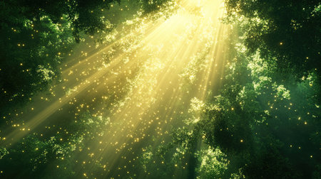 Experience the enchanting beauty of golden beams of light shining through a lush, abstract forest, creating a serene and magical atmosphere full of wonder.の素材