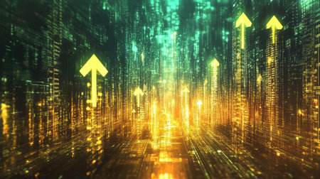 This dynamic image features glowing green arrows pointing upward, symbolizing digital growth and success in a vibrant, abstract space. Ideal for technology and business themes.の素材