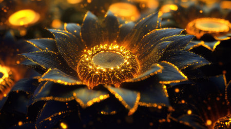 A stunning abstract representation of 3D sunflowers with glowing golden centers, creating a vibrant and captivating floral landscape perfect for modern design.の素材