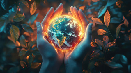A stunning representation of hands holding a vibrant globe, symbolizing protection and harmony with nature. This abstract image captures a blend of light and life, conveying a sense of vitality and connection.の素材