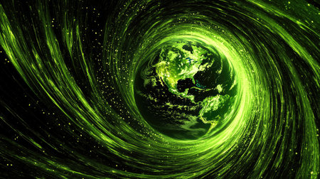 An abstract digital illustration featuring green glowing spirals encircling the Earth, representing cosmic energy and nature's harmony in a mesmerizing vortex design.の素材