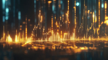 Dynamic golden arrows rise through glowing financial charts, symbolizing growth and success in modern analytics. Ideal for finance and technology themes.の素材