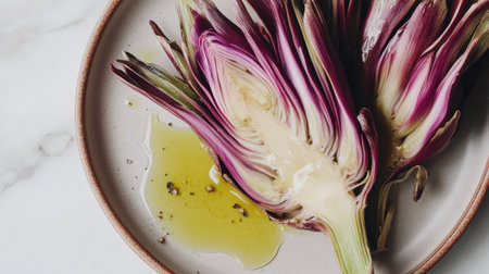 A beautifully styled plate featuring vibrant artichokes drizzled with olive oil, showcasing the elegance and freshness of gourmet cuisine. Perfect for culinary photography.の素材