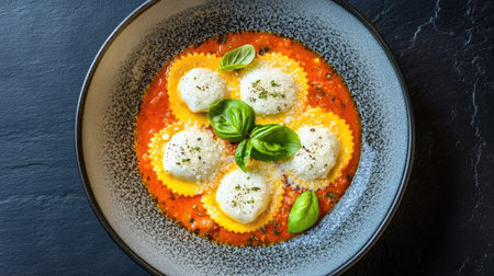 A beautifully plated dish featuring ravioli in rich tomato sauce, garnished with fresh basil. Perfect for a gourmet experience or Italian cuisine lovers.の素材