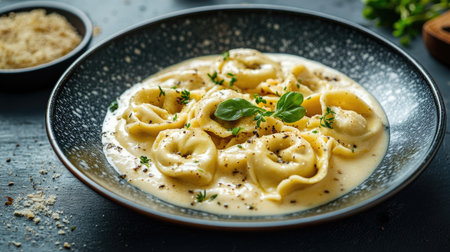 This beautifully styled plate features tortellini nestled in a creamy sauce, garnished with fresh herbs. A perfect dish for Italian cuisine lovers.の素材