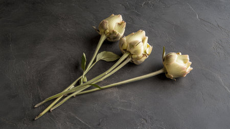 A minimalistic composition featuring fresh artichokes on a dark slate surface, highlighting the natural beauty and textures of the vegetables in a serene arrangement.の素材