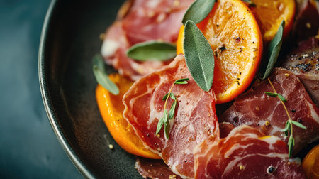 A beautifully styled close-up of traditional dishes featuring savory meats and vibrant oranges, enhanced with fresh herbs for a stunning presentation.の素材