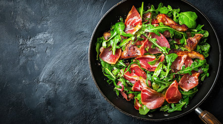 A classic frying pan showcasing traditional Italian ingredients, featuring a vibrant salad with fresh greens and gourmet meats, perfect for culinary presentations.の素材