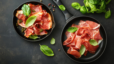 Discover a beautiful arrangement of fresh ingredients in classic frying pans, showcasing a delightful traditional Italian culinary experience perfect for any meal.の素材