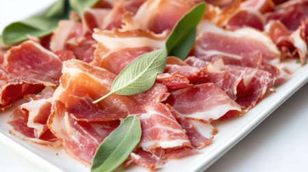 A beautifully arranged serving of saltimbocca, featuring thinly sliced prosciutto with fresh sage leaves, perfect for appetizers or gourmet dining experiences.の素材