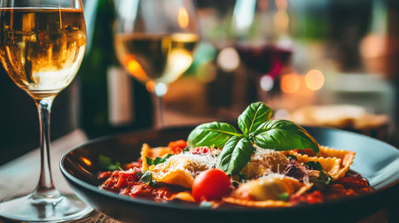 A beautifully plated dish of ravioli topped with fresh basil, cheese, and rich tomato sauce, paired with elegant glasses of wine in a warm setting.の素材