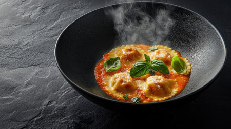 A tantalizing bowl of steaming ravioli filled with delicious stuffing, garnished with fresh basil and served in a rich sauce, perfect for any meal.の素材