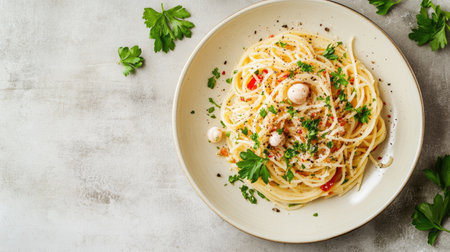 A beautifully arranged plate of spaghetti topped with herbs and cheese, perfect for showcasing Italian cuisine. Ideal for food photography or restaurant menus.の素材