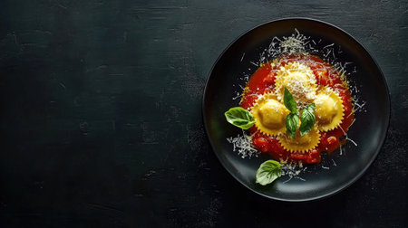 Scrumptious ravioli served in a rich tomato sauce, garnished with fresh basil and cheese. A delightful dish perfect for any dining occasion.の素材