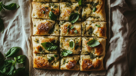 Explore a captivating aerial view of freshly baked focaccia, showcasing its golden crust and vibrant green basil, perfect for culinary inspiration and food photography.の素材