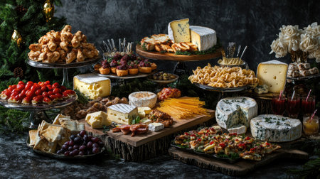 A beautifully arranged display of various European foods, featuring an assortment of cheeses, fruits, appetizers, and gourmet desserts, perfect for festive gatherings and celebrations.の素材