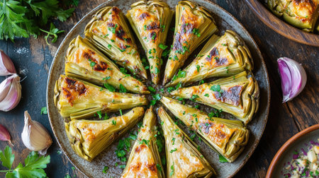 A beautifully plated dish of carciofi alla Romana showcases tender artichokes, garnished with herbs, ideal for a gourmet dining experience.の素材