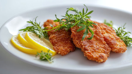 An elegant presentation of cotoletta alla Milanese served with fresh lemon and herbs, showcasing a gourmet dish perfect for any dining occasion.の素材