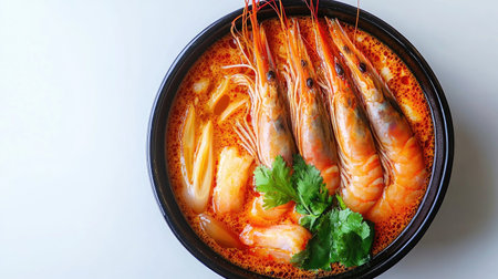 Experience a vibrant seafood dish featuring shrimp in a spicy broth, beautifully garnished with fresh herbs, ideal for food lovers and culinary enthusiasts.の素材