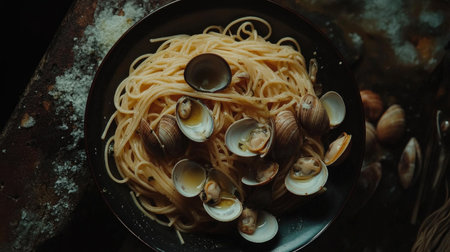 This overhead shot captures a delicious dish of spaghetti alle vongole, featuring fresh clams intertwined with perfectly cooked pasta, showcasing Italian culinary art.の素材
