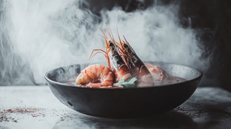 A beautifully presented black bowl filled with steaming Tom Yum Kung soup, featuring fresh shrimp and aromatic herbs, creating an enticing culinary experience.の素材