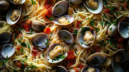 An enticing overhead shot capturing a vibrant plate of spaghetti alle vongole, featuring fresh clams, herbs, and a flavorful sauce. Perfect for culinary enthusiasts.の素材