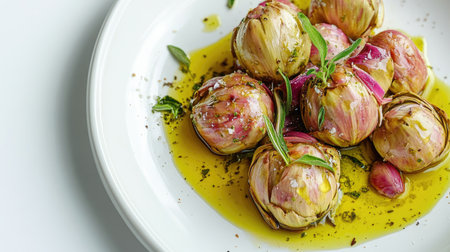 Discover a beautifully styled plate featuring artichokes dressed in olive oil and fresh herbs, perfect for a gourmet dining experience.の素材