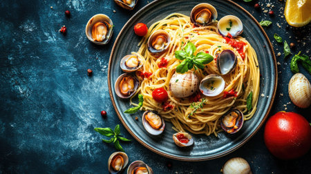 A beautifully arranged plate of spaghetti topped with clams, fresh basil, and cherry tomatoes, showcasing a vibrant culinary experience ideal for seafood lovers.の素材