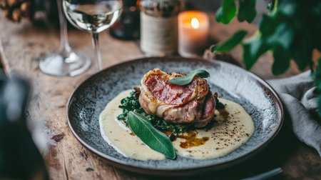 This beautifully plated saltimbocca dish showcases Italian cuisine with exquisite detail. Perfect for culinary enthusiasts and food photography lovers.の素材
