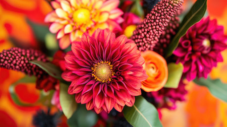 A stunning close-up view of a vibrant flower bouquet showcasing a variety of colors and textures. Perfect for celebrating nature's beauty and adding a cheerful touch to any design.の素材