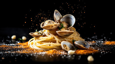 A stunning close-up of spaghetti alle vongole featuring fresh clams and spices on a dark background, showcasing the delicious textures and vibrant colors of this Italian dish. Perfect for culinary enthusiasts and food lovers.の素材