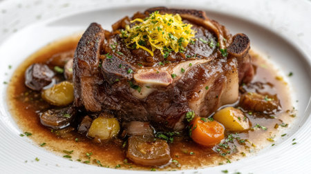 A close-up view of ossobuco alla milanese showcasing tender meat, rich sauce, and vibrant vegetables, perfect for food photography or Italian cuisine.の素材