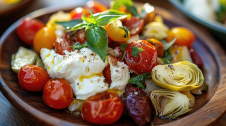 A close-up of a wooden plate filled with a colorful array of fresh vegetables, including tomatoes, basil, and artichoke, perfect for healthy dining.の素材