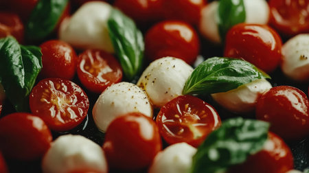 A close-up shot showcasing fresh Italian tricolore ingredients, including vibrant tomatoes, creamy mozzarella, and fragrant basil leaves, perfect for culinary presentations.の素材