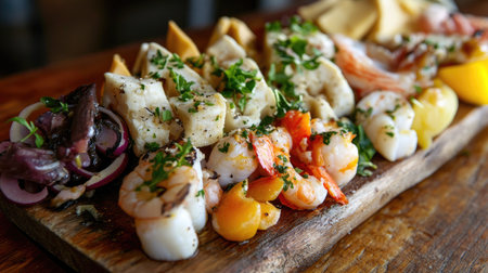 A close-up view of an assorted cicchetti platter featuring fresh seafood, vibrant herbs, and elegant presentation, perfect for gourmet dining experiences.の素材