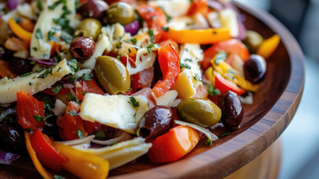 A vibrant wooden plate filled with a colorful mix of fresh vegetables and olives, perfect for healthy eating and showcasing natural ingredients.の素材