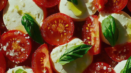 A top-down view of a vibrant Caprese salad featuring fresh tomatoes, mozzarella, and basil. This dish highlights the colorful ingredients, making it perfect for summer dining.の素材