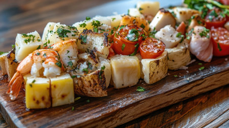 A vibrant arrangement of assorted cicchetti featuring seafood, grilled vegetables, and cheese, beautifully presented on a rustic wooden board. Perfect for sharing!の素材