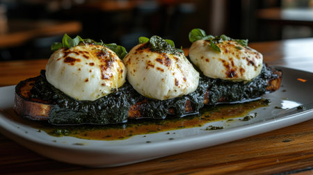 Close-up of Pinsa Romana topped with gooey mozzarella and fresh herbs. A delightful dish perfect for sharing or as a savory Italian appetizer.の素材