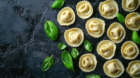 Discover a close-up view of homemade ravioli arranged artfully with fresh basil leaves. This vibrant composition captures the essence of Italian cuisine and culinary artistry.の素材