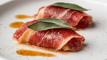 Close-up view of saltimbocca alla romana, featuring tender pork wrapped in prosciutto with fresh sage, showcasing vibrant colors and textures.の素材