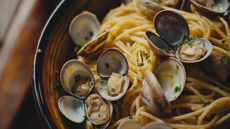 Capture the essence of Italian cuisine with this close-up image of spaghetti alle vongole, featuring fresh clams and herbs that highlight the dish's rich flavors.の素材
