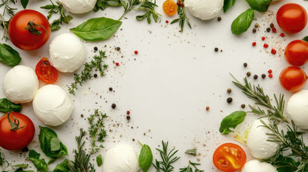 Delight in a vibrant arrangement of fresh mozzarella balls, ripe tomatoes, and aromatic herbs, perfect for culinary presentations and healthy cuisine.の素材
