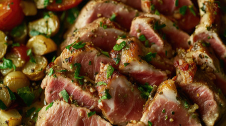 A tantalizing close-up of a delicious saltimbocca alla Romana dish, showcasing tender meat garnished with fresh herbs and served with vibrant vegetables, perfect for food lovers.の素材