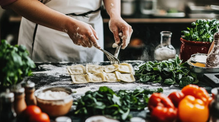 A close-up view of a hand skillfully folding ravioli on a flour-covered surface, showcasing the art of homemade cooking with fresh ingredients and a culinary ambiance.の素材
