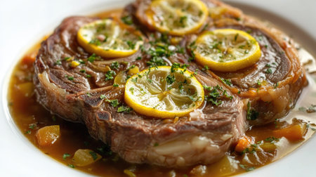 A close-up shot of ossobuco alla Milanese, showcasing tender beef with lemon and herbs in a savory sauce, perfect for illustrating Italian cuisine.の素材