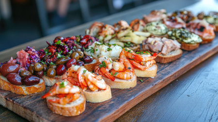 A vibrant assortment of cicchetti featuring shrimp, olives, and fresh ingredients, beautifully arranged on a rustic wooden board, perfect for any gathering.の素材