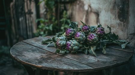 A beautifully arranged grouping of freshly picked artichokes resting on a rustic wooden table, highlighting their vibrant colors and natural beauty.の素材